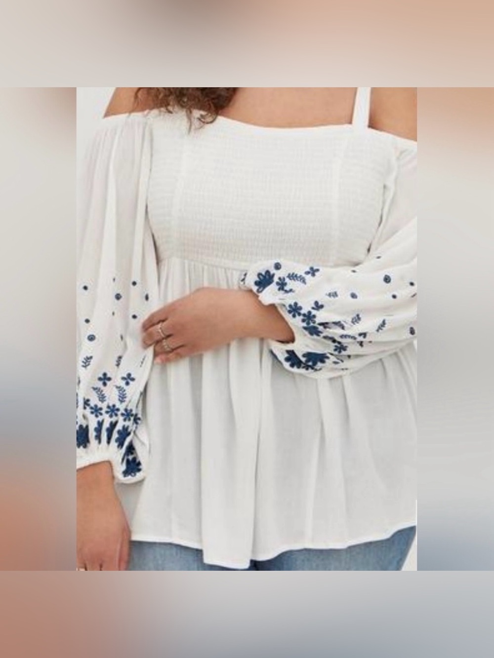 torrid White Off-Shoulder Peasant Top with Blue Embroidery